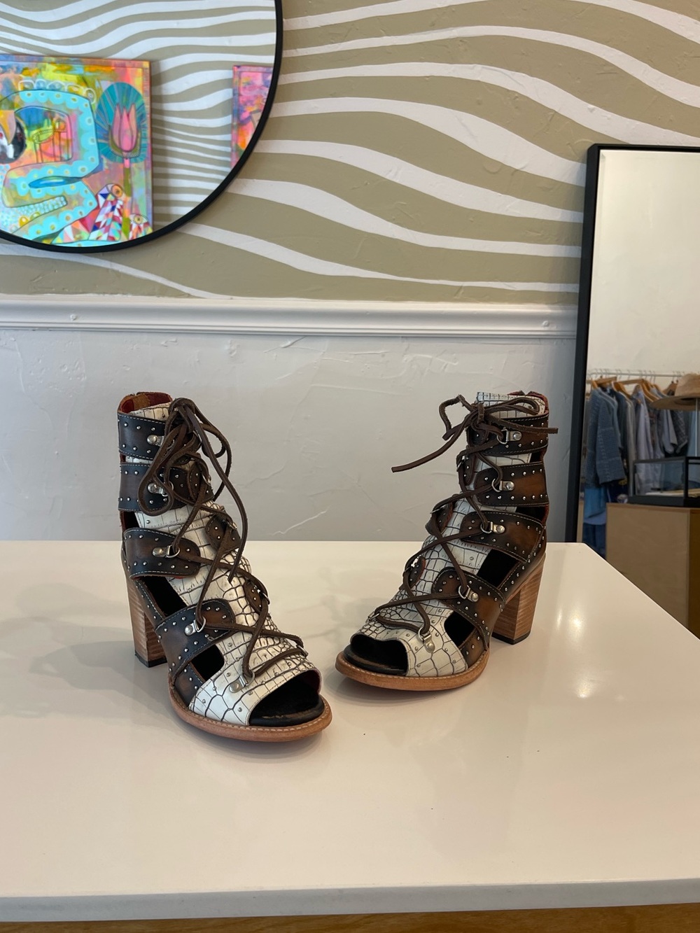 Free Bird Brandy Leather Two-Tone Lace-Up Block Heel Sandals - Brown & White 9